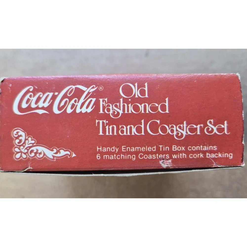 Vintage Coca Cola Old Fashioned Tin & Coasters Victorian Lady Cork Back Set